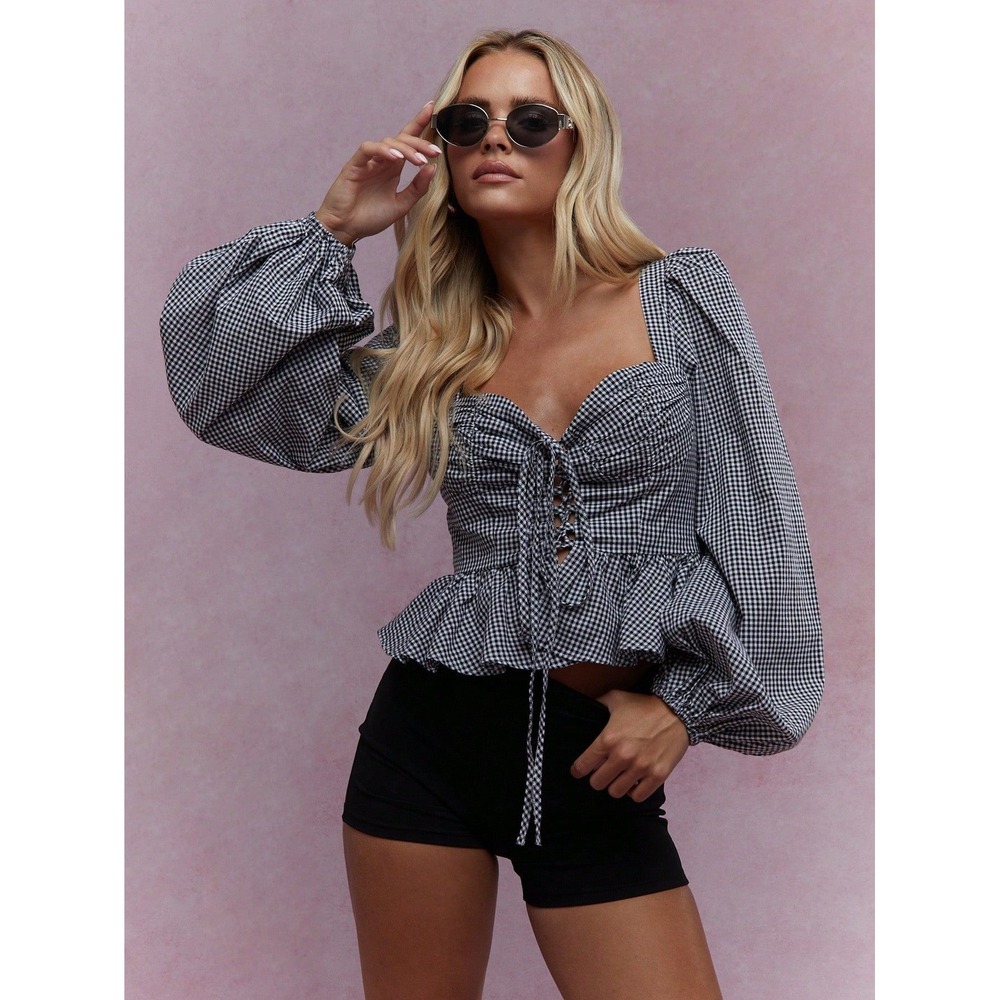Missguided Womens Gingham Print Cropped Balloon Sleeve Sweetheart Hem Peplum Top
